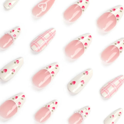 24PCS Sweet Strawberry Press on Nails French Pearl Design Almond False Nails Girl Gifts Detchable Full Cover Fake Nail Patches