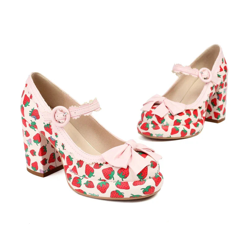 aichashi  -  Princess Lolita Girls Mary Janes Women Sweet Party Dress Cosplay Wedding Pumps Block High Heels Strawberry Shoes Plus Size 34-43