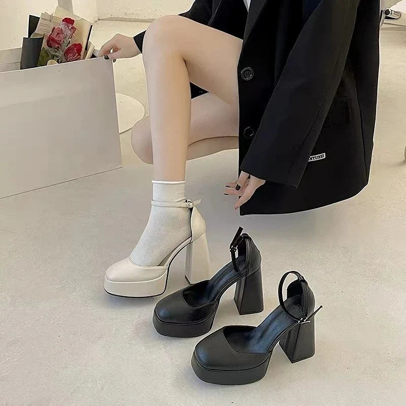 aichashi  - Mary Jane Shoes Women New Spring Autumn Thick Heels High Heels Waterproof Platform Hollow Luxury Brand Women's Shoes Pumps