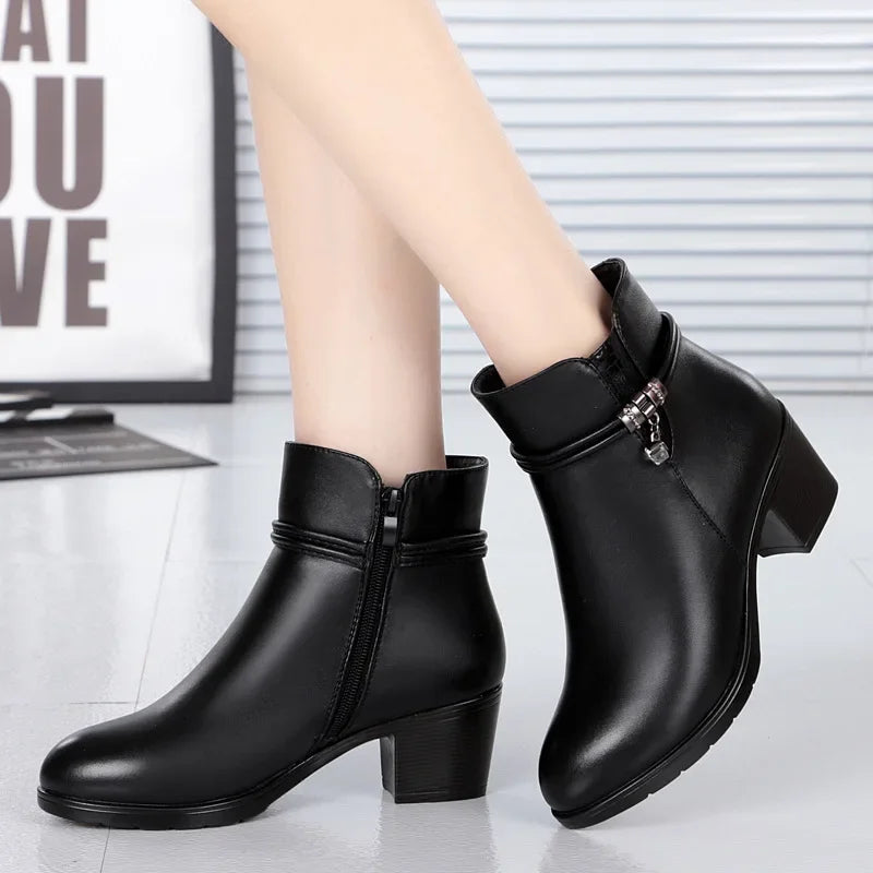 Aichashi New Fashion Soft Leather Ankle Boot High Heels Zipper Shoe Warm Fur Winter Boots Female Women Shoes Plus Size 43