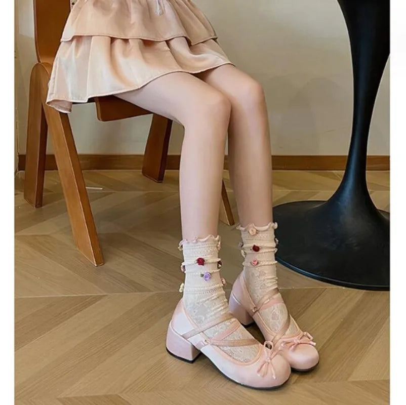 aichashi  -  Chunky Heels Lolita Pumps Shoes Hot Brand Spring Summer French Style Elegance Women Pumps Lace Up Ballet Style Single Shoes