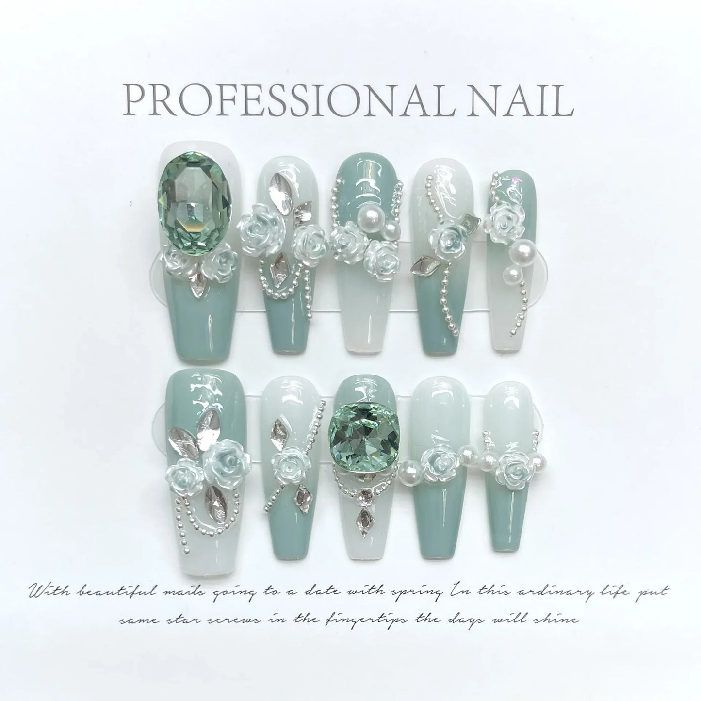 10pc detachable long ballet green false nails with Camellia butterfly full cover press on acrylic nail coffin korean style nails