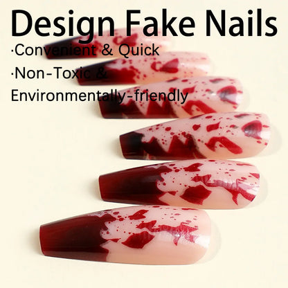 Aichashi Halloween Red Bloodstain False Nails Long Coffin Ballet Full Cover Press on Nails Detchable Full Cover Fake Nail Patches 24pcs