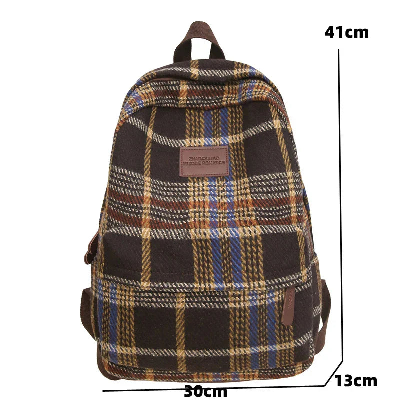 Aichashi BACK TO SCHOOL Vintage Plaid Woollen Cloth Women's Backpack Student Book Backpacks for Teenage Girls School Bags Large CapacityTravel Rucksack