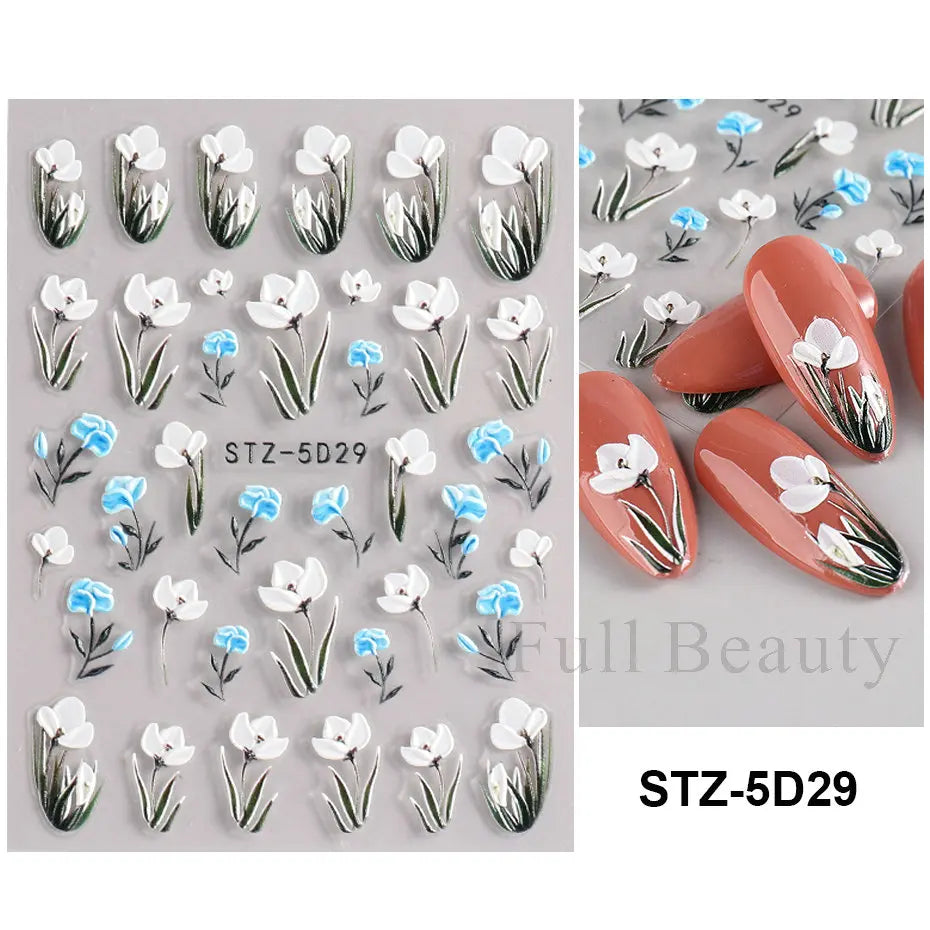 Aichashi 1Pcs Sakura Stickers For Nails 5D Embossed Spring Cherry Blossom Tulip Peony Flowers Petals Sliders Manicure Decoration