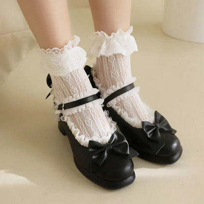 aichashi  -  Plus-Size Women Lolita Shoes with Bowknot Lace Trim Maid Cosplay for Crossdressers Men JK Girls PU Leather Pumps Chunky Heels