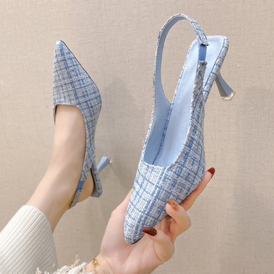 Aichashi Brand Designer Slingbacks High Heels Pumps Women Blue Pointed Toe Party Shoes for Woman Summer Thin Heeled Sandals Ladies