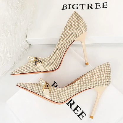 aichashi  -  Shoes Checked Grain Women Pumps Quality High Heels Pearl Chain Design Women Heels Stilettos Luxury Banquet Shoes