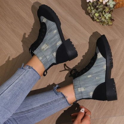 aichashi  -  Women'S Boots Fashion Retro Denim Patchwork Lace Up Flat Bottomed Short Boots Vintage Zapatos Mujer Flat Shoes Ankle Boots