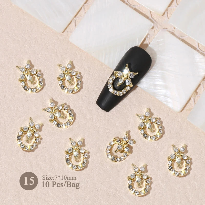 Aichashi 10pcs/bag Butterfly Shaped Nail Rhinestone Star Flower Nail Charm Silver Gold Alloy Nail Pearl Jewelry Accessories Nail Supplies