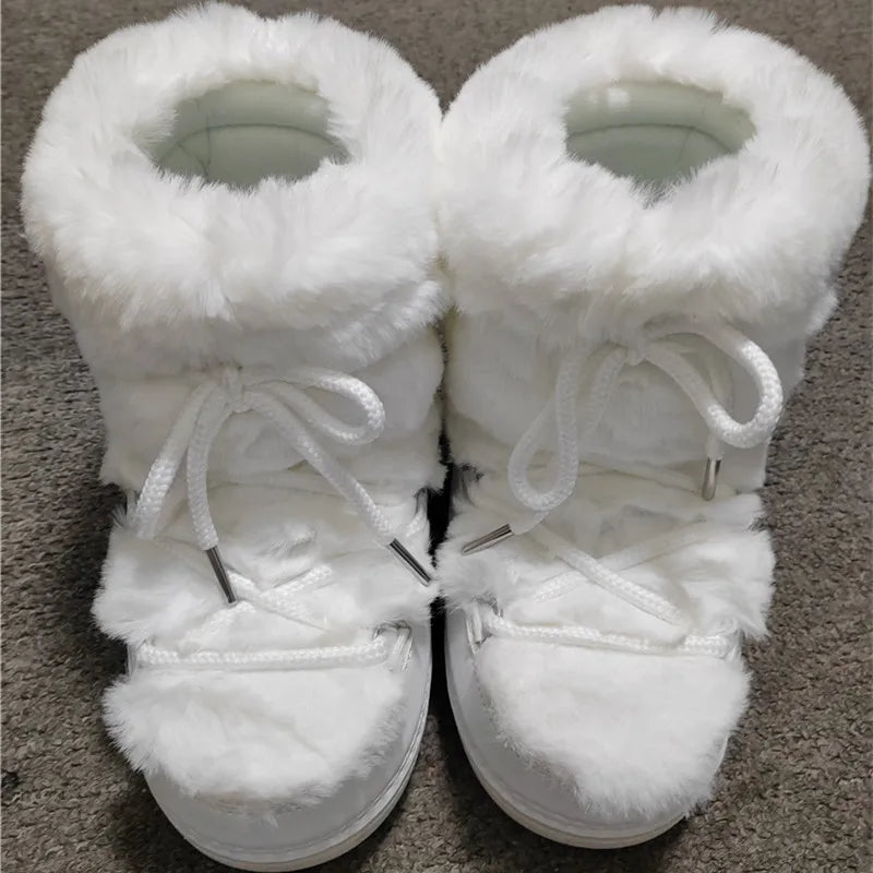 aichashi  -  Winter Snow Boots Women White Fur Boots Woman Luxury Thick Fluffy Furry Faux Rabbit Fur Lace-up Waterproof Warm Ski Boots