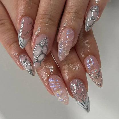 3D Water Wave Pattern Fake Nails Patch Cool Sliver Line Design Almond False Nails Full Finished y2k Girl Artificial Nail Patch