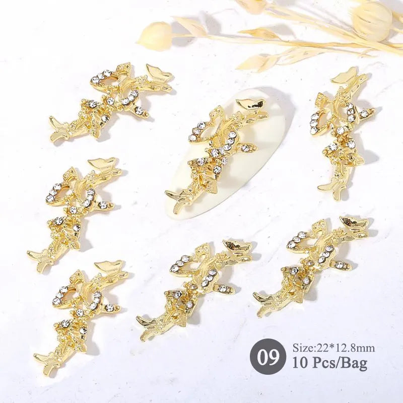 Aichashi 10pcs/bag Butterfly Shaped Nail Rhinestone Star Flower Nail Charm Silver Gold Alloy Nail Pearl Jewelry Accessories Nail Supplies