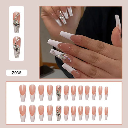 24pcs False Nails Nude Gradient Nail Patch Rhinestone Inlaid Press On Nails Removable Long Paragraph Fashion Manicure nail tips