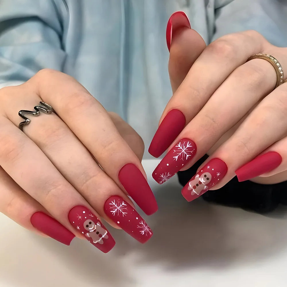 aichashi New Christmas Fake Nails Cute Elk Snowflake Pattern Red Color Press on Nails Artificial Nails Tip Christmas Gifts for Girls