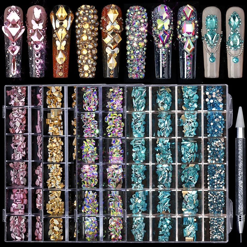 24grids Mixed Shapes Jewelry Luxury Shiny Diamond For Nail Art Decorations DIY Glass Crystal Set with Dot Drill Pen