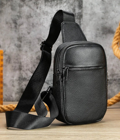 Aichashi Male Chest Bags Genuine Leather Crossbody Bag Men Sling Chest Pack for Men Chest Bag Leather Casual Men One Shoulder Bag Black