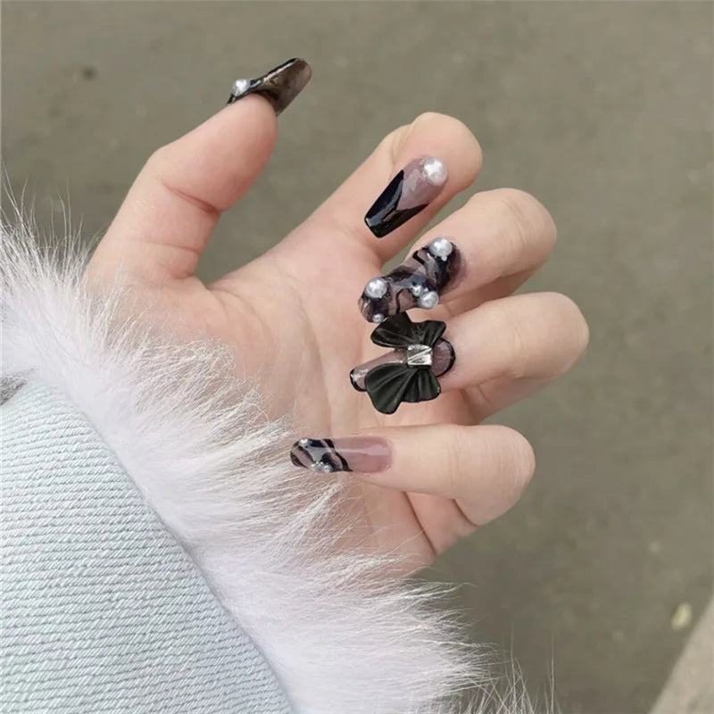 24PCS Glitter Press On Nails Korean Style Heart Rhinestone Design Coffin Fake Nails Full Cover Acrylic Nails Tips for girls Gift