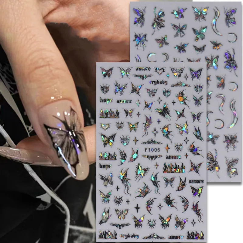 Aichashi 1PCS Black White Butterfly Laser Nail Stickers Y2K Nail Art Decoration Abstract Lines Bronzing Flowers Stickers For Nails