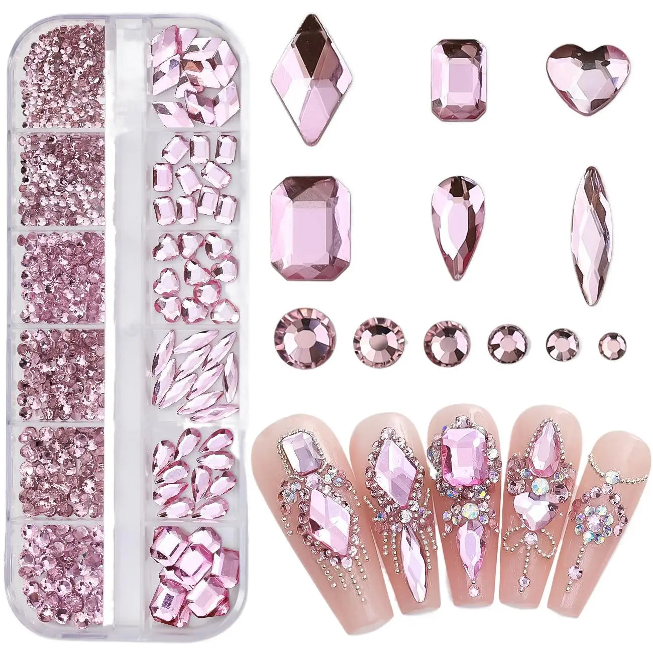 Aichashi 12 Grids Sparkle Translucent Colorful Mix Shapes Flatback Glass Diamonds Nail Art Rhinestones Jewel Decorations Manicure Charms