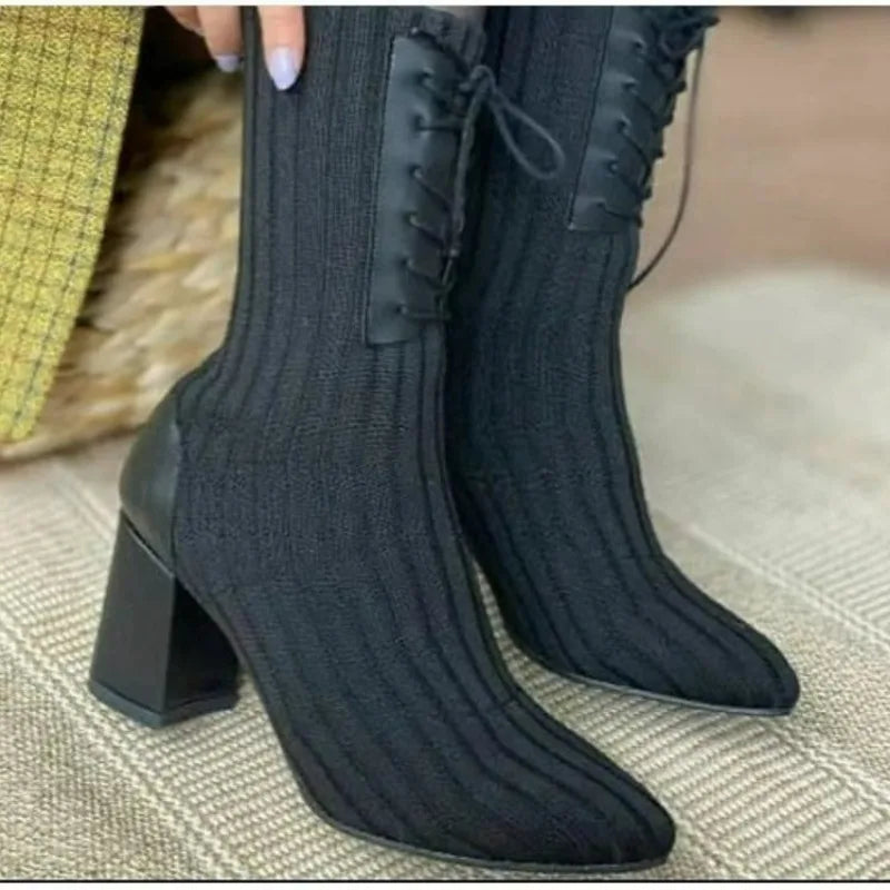 aichashi  -  Pointed Chunky Heel Boots Black Surname High Lace-up Knit Sock Boots Plus Size 43 Non-slip Banquet Boots Thigh High