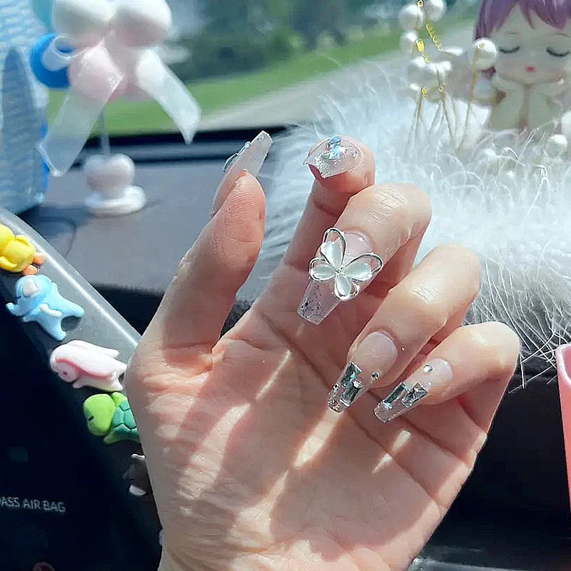 24PCS Ballerina Long Square Nail Tips False Nails Wearable Fake Nails Butterfly INS French Pearl Design Press on Nails for Woman