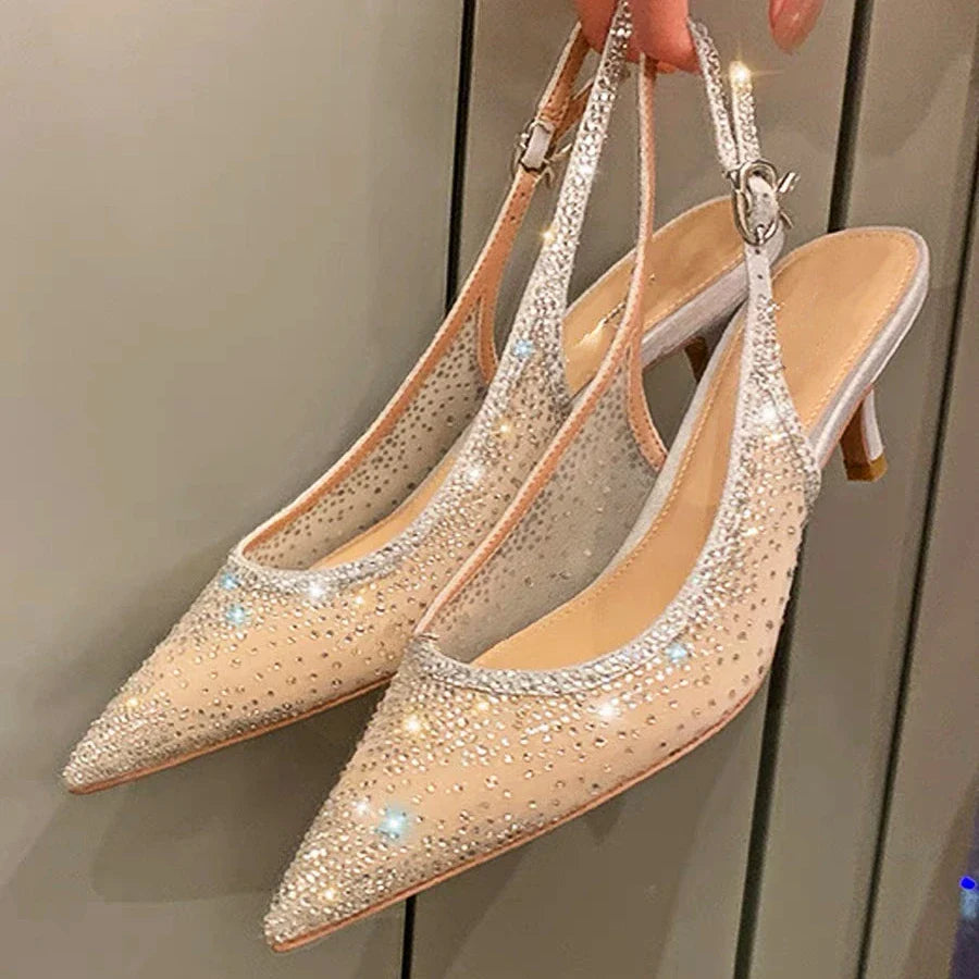 aichashi  -  Luxury Rhinestone High Heels Women Fashion Designer Sandals Party Dress Bridal Shoes Mesh Glitter Pointed Toe Muller Pumps Women