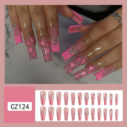 Aichashi 24 Pcs Glossy Long Ballerina Press On Nails Pink Glitter French Style Fake Nails With Rhinestone Artifical Reusable False Nails