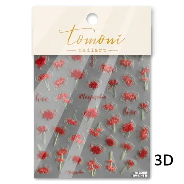 Aichashi Love Red Petunia Lotus Flower Chinese Sexy Flirty Nine Tailed Fox 3D Self Adhesive Nail Art Decoration Sticker Nail Decals Woman