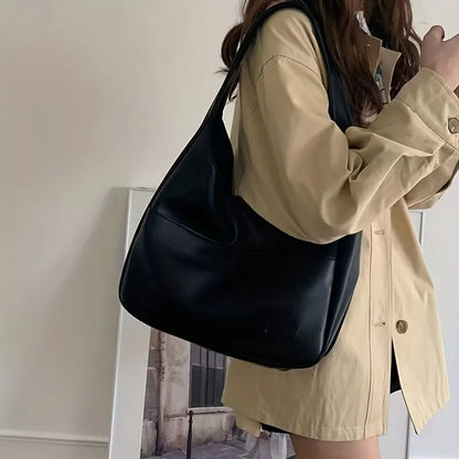 Aichashi BACK TO SCHOOL Women Hobo Bag Simple PU Leather Solid Shoulder Bag Fashion Large Capacity Handbag For School Work