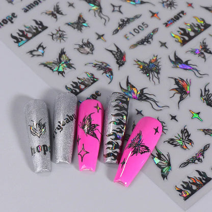 Aichashi 1PCS Black White Butterfly Laser Nail Stickers Y2K Nail Art Decoration Abstract Lines Bronzing Flowers Stickers For Nails