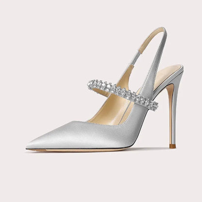 aichashi  -  Satin Rhinestone Pointed Toe High Heels Womens Fashion Mule Shoes Elegant Slingback Sandals Sexy Party Dress Shoes Woman Pumps