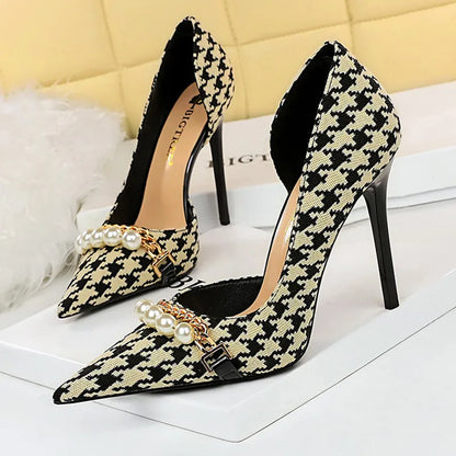 aichashi  -  Shoes Checked Grain Women Pumps Quality High Heels Pearl Chain Design Women Heels Stilettos Luxury Banquet Shoes