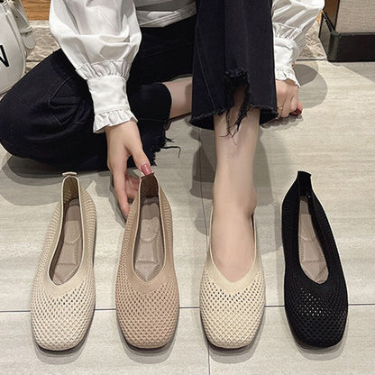 Aichashi Knit Mesh Flat Shoes Women Summer Breathable Stretch Ballet Flats Moccasins Square Toe Loafers Slip on Dress Shoes Sneaker