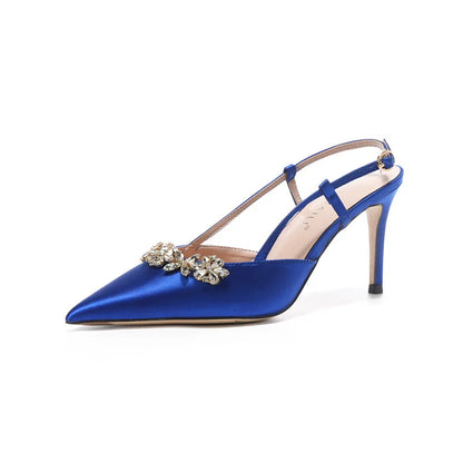 aichashi  -  Luxury Satin Rhinestone Flower Design High Heels Women Sexy Pointed Toe Heeled Sandals Back Strap Blue Pumps Party Wedding Shoes