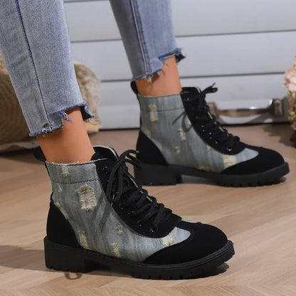 aichashi  -  Women'S Boots Fashion Retro Denim Patchwork Lace Up Flat Bottomed Short Boots Vintage Zapatos Mujer Flat Shoes Ankle Boots