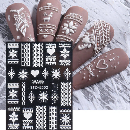 5D Snowflake Embossed Nail Sticker White Elk Tree Carved Santa Claus Christmas Nail Glitter Slider  Winter Nail Accessories