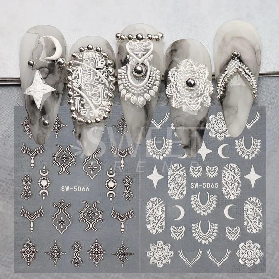 Aichashi 5D Embossed Filigree Stickers Nail Design Brown White Lace Necklace Adhesive Nail Decals Star Moon Carved Decor Sliders SASW-5D