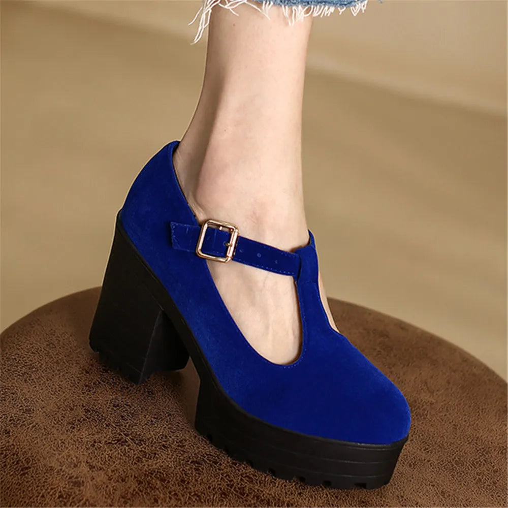 aichashi  -  Women Platform Pumps Spring Summer Shallow Mouth Strap Buckle Shoes Flock Round Toe For Ladies High Heels Blue Black Size 34-43