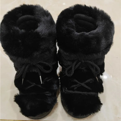 aichashi  -  Winter Snow Boots Women White Fur Boots Woman Luxury Thick Fluffy Furry Faux Rabbit Fur Lace-up Waterproof Warm Ski Boots