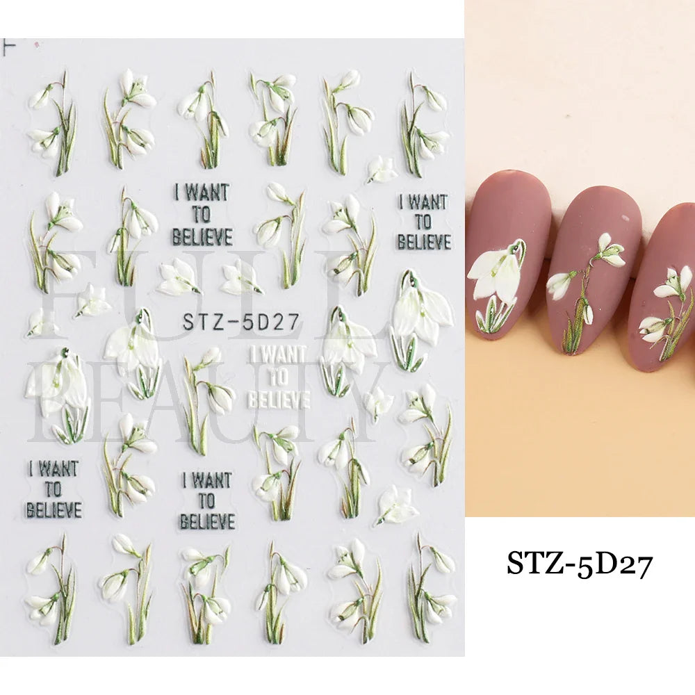 Aichashi 5D Embossed Nail Stickers Flowers Bird Geometric Lines Gold Frame Floral Nail Decals Cherry Blossom Y2K Manicure Decor