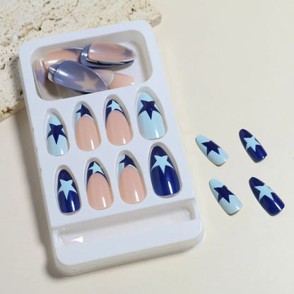 Aichashi 24PCS Stars Y2k Nail Stickers Blue French Fake Nails Press On Long Almond Shape Designs False Nails Finished Manicure Nail Tips