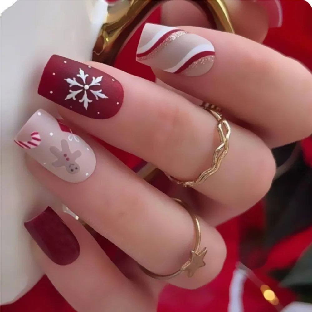 aichashi New Christmas Fake Nails Cute Elk Snowflake Pattern Red Color Press on Nails Artificial Nails Tip Christmas Gifts for Girls