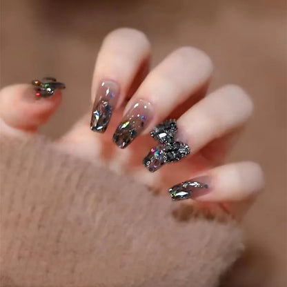 24PCS Glitter Press On Nails Korean Style Heart Rhinestone Design Coffin Fake Nails Full Cover Acrylic Nails Tips for girls Gift