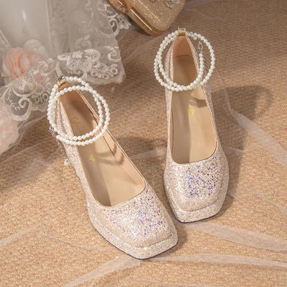 aichashi Luxury Gold Glitter High Heels Pumps for Women Spring Pearl Ankle Strap Wedding Shoes Woman Chunky Platform Mary Jane Shoes