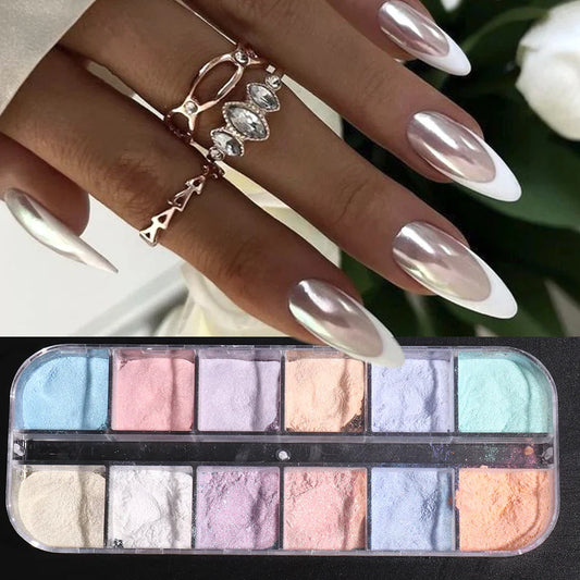 Aichashi 12 Colors Aurora Powder Nail Glitter Pigment Mirror White Iridescent Fairy Fine Chrome Reflective Rubbing On Dust Manicure Decor