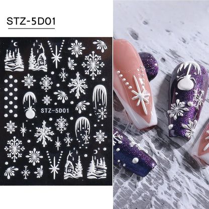 5D Snowflake Embossed Nail Sticker White Elk Tree Carved Santa Claus Christmas Nail Glitter Slider  Winter Nail Accessories