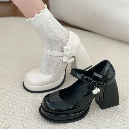 aichashi  - Fashion Black White Platform Pumps for Women Bowknot Strap Thick Heels Mary Jane Shoes Woman Sweet High Heel Party Shoes Ladies