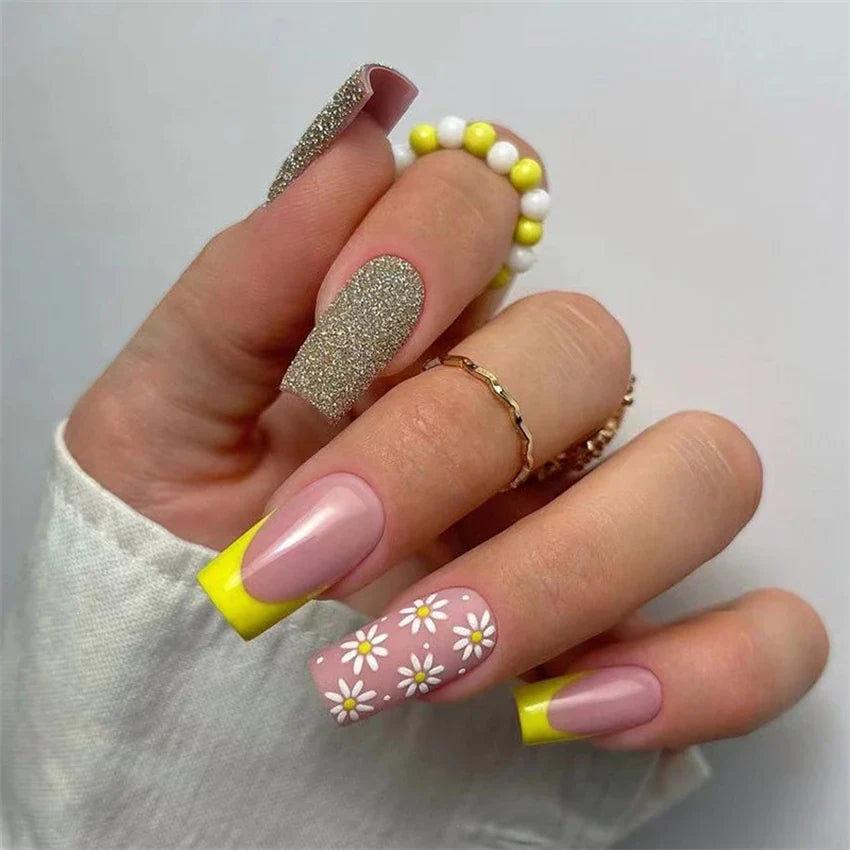 24Ps/Set Square Head Coffin Wearing False Nails Art Pink Matte French Fake Nails Leopard Artificial Acrylic White Press on Nails