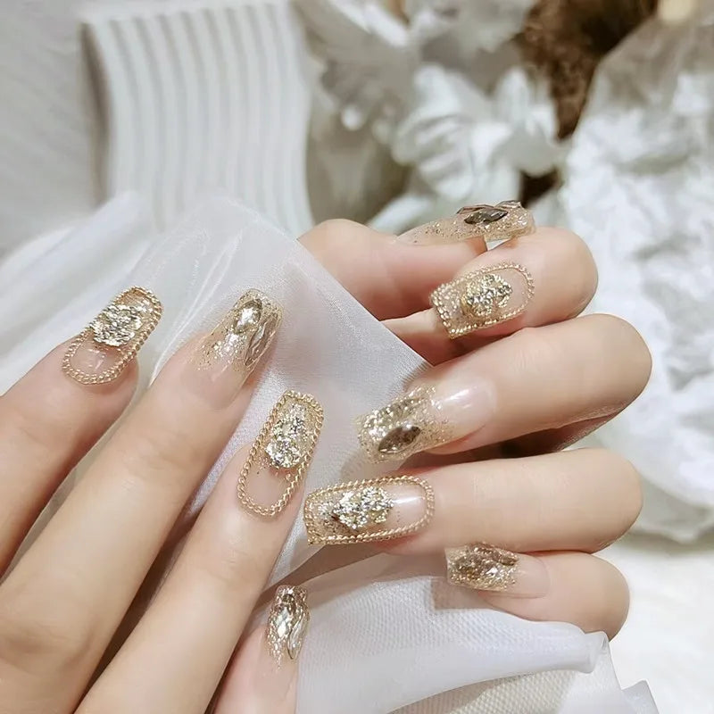 24Pcs Luxury Fake nail tips Women Wearable Press on Nails with Gold Glitter Diamond Full Cover Coffin Artificial Nails Tips